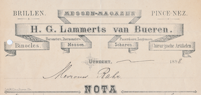 711613 Kop van een nota van H.G. Lammerts van Bueren, Messenmagazijn, Opticien, Brillen, Pince-Nez, etc., [Zadelstraat ...